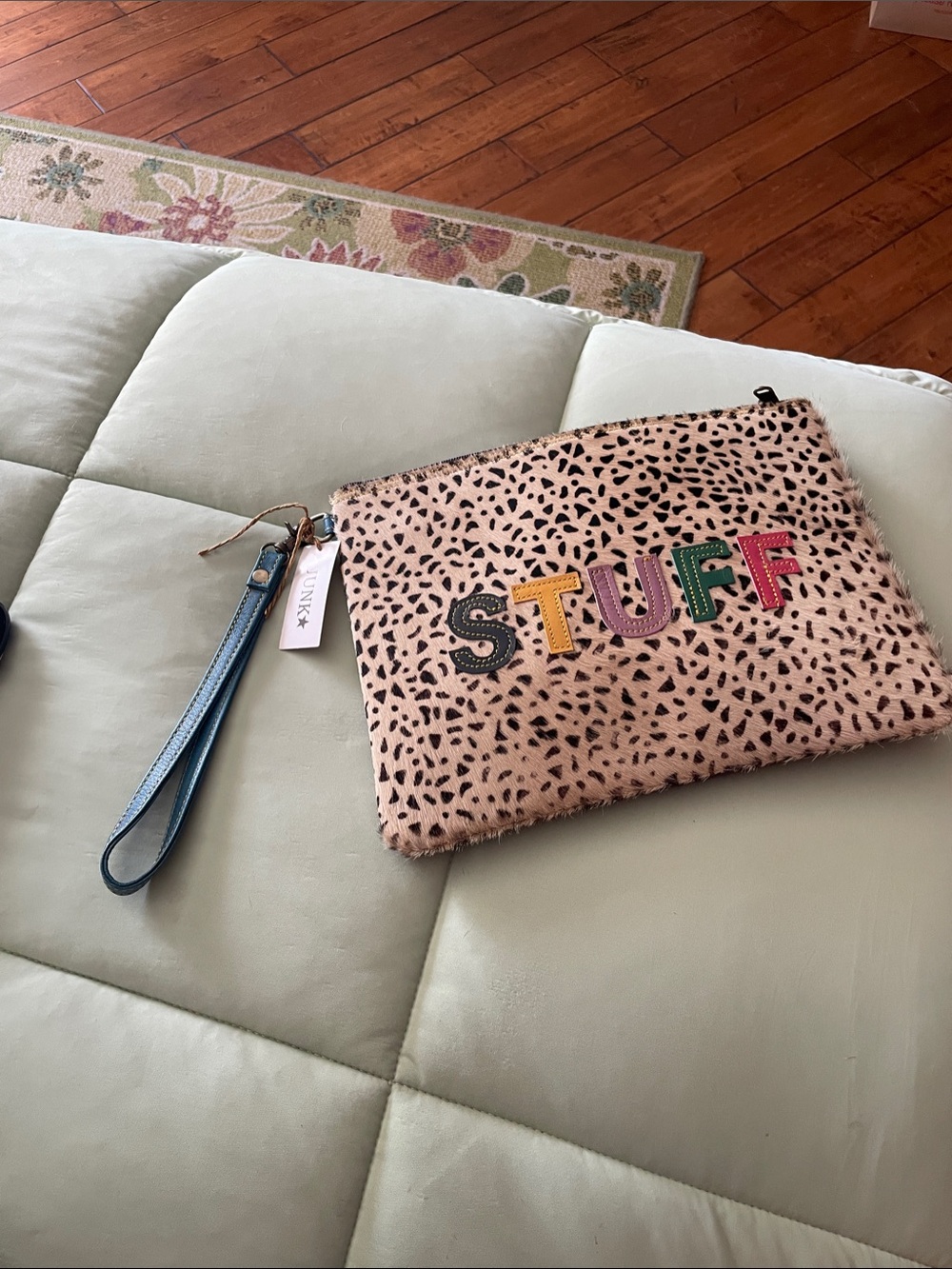 STUFF Leopard Print Wristlet Clutch with Colorful Lettering